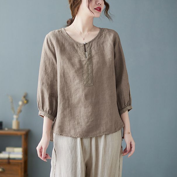 Artistic Vintage Loose Casual Cotton Mid-Sleeve T-Shirt, 2026 Spring/Summer Versatile Cotton-Linen Short-Sleeve Top For_ecoleips.com