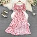 Floral Print Tea Break Dress Summer Style Slimming Flattering Square Neck a Line Full Skirt Gentle Sweet First Love Style_ecoleips.com