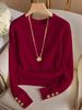 Women’s Ribbed Knit Sweater Long Sleeve Crew Neck Pullover Soft Stretch Casual Chic Top Elegant Fall Winter Fashion Button Cuff Jumper_ecoleips.com