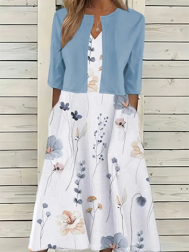 plus Size Women's Two Piece Dress Set Floral Print Long 2024 Cross Border Commuter Use_ecoleips.com