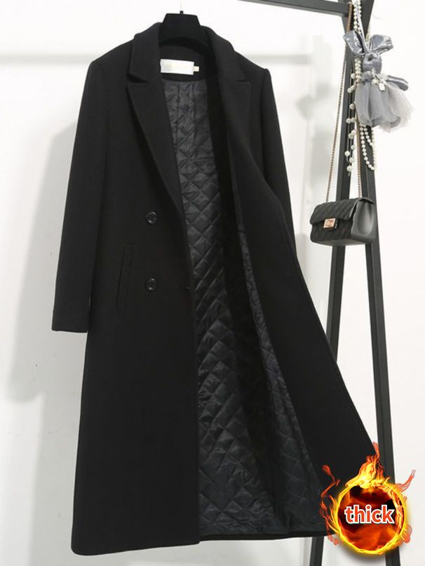 Women Blends Wool Coats Winter Black X-long Minimalist Notched Double Breasted Thicken Elegant Temper Office Ladies_ecoleips.com