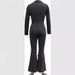 Women's Clothing elegant mesh sleeves V neck button pockets high waist lace up solid color slim jumpsuit_ecoleips.com