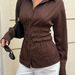 Retro Striped Print Long Sleeve Blouse V-Neck Slim Fit Women's Shirt Vintage Y2k Sassy Office-To-Club Top Brown (S/M/L)_ecoleips.com