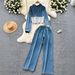 Women's Clothing High-Waisted Patchwork Denim Two-Piece Set With Lapel Jacket Casual New Style Wide Leg Straight Leg Pants_ecoleips.com