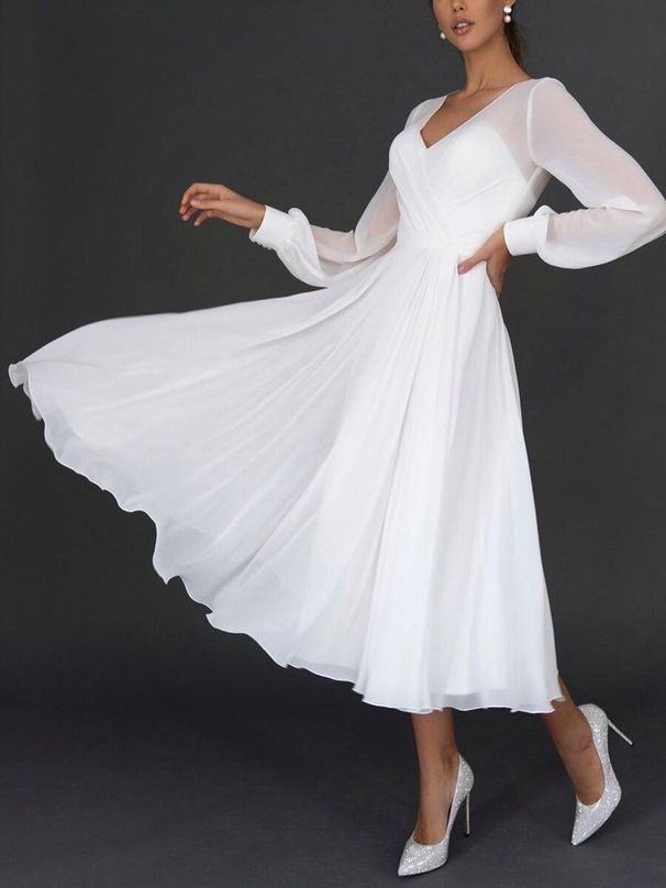 Elegant Long Sleeve Chiffon Maxi Dress With Deep V-Neck & Flowy Hem For Women - Sexy Evening Gown & Party Dress (Available In S-XXL, White)_ecoleips.com
