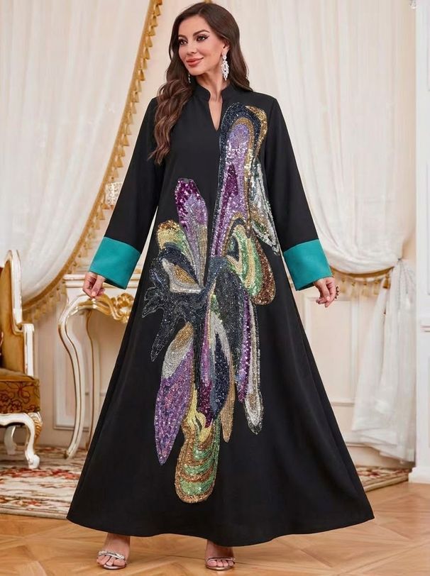 Elegant Long Robe for Women NC189 Fashionable Floral Beaded Loose Fitting Pullover Ethnic Style Dress_ecoleips.com