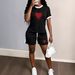 Summer Women's Red Heart Print Two-Piece Set Casual Short-Sleeved Shirt And Shorts Polyester Fashion_ecoleips.com