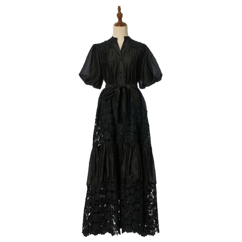 Women's Clothing Women's Heavy Duty V Neck Puff Sleeve Dress Lace Trimmed A Line Long Skirt With Tie Waist Slimming Effect 6 Colors_ecoleips.com