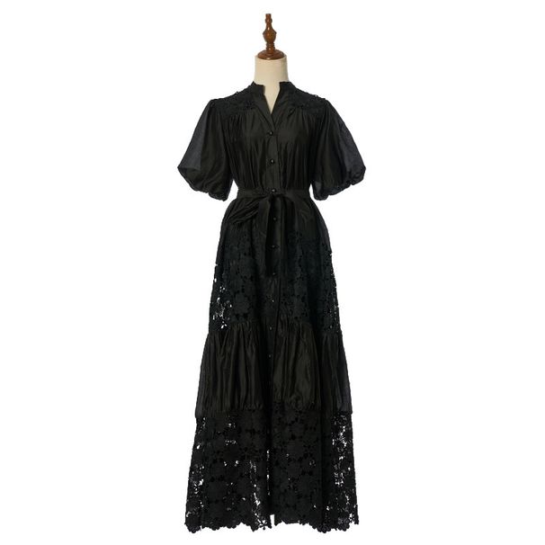 Women's Clothing Women's Heavy Duty V Neck Puff Sleeve Dress Lace Trimmed A Line Long Skirt With Tie Waist Slimming Effect 6 Colors_ecoleips.com