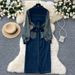 Women's Clothing Niche Long Sleeved Striped Stitching Lapel Metal Button Waist Slim Fit Slit Denim Dress For Women_ecoleips.com