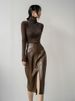 K Mid-length Leather Skirt For Women; Vintage, High-waisted, Slimming, Slit A-line Skirt With A Hip-hugging_ecoleips.com