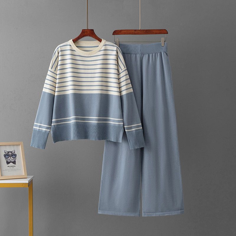 Women's Striped Knit Two Piece Set Crew Neck Sweater Loose Casual Fashion Pants Autumn Winter New Arrival_ecoleips.com