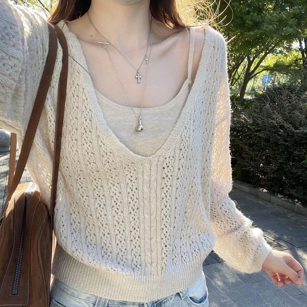 Women's Mohair Long Hair V Neck Top Casual Spring Autumn Cable Knit Two Piece Set Hollow out Cardigan Camisole_ecoleips.com