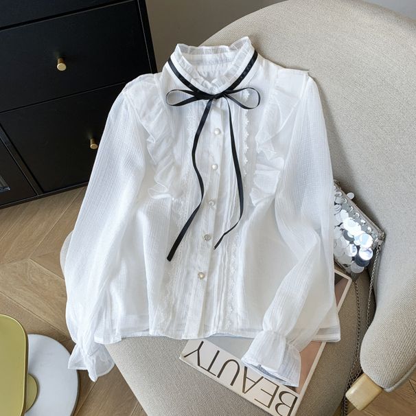 Women's Clothing Spring Style Court Chiffon Blouse For Women Ruffled Trim Elegant Unique Shirt For Formal & Casual For Women_ecoleips.com