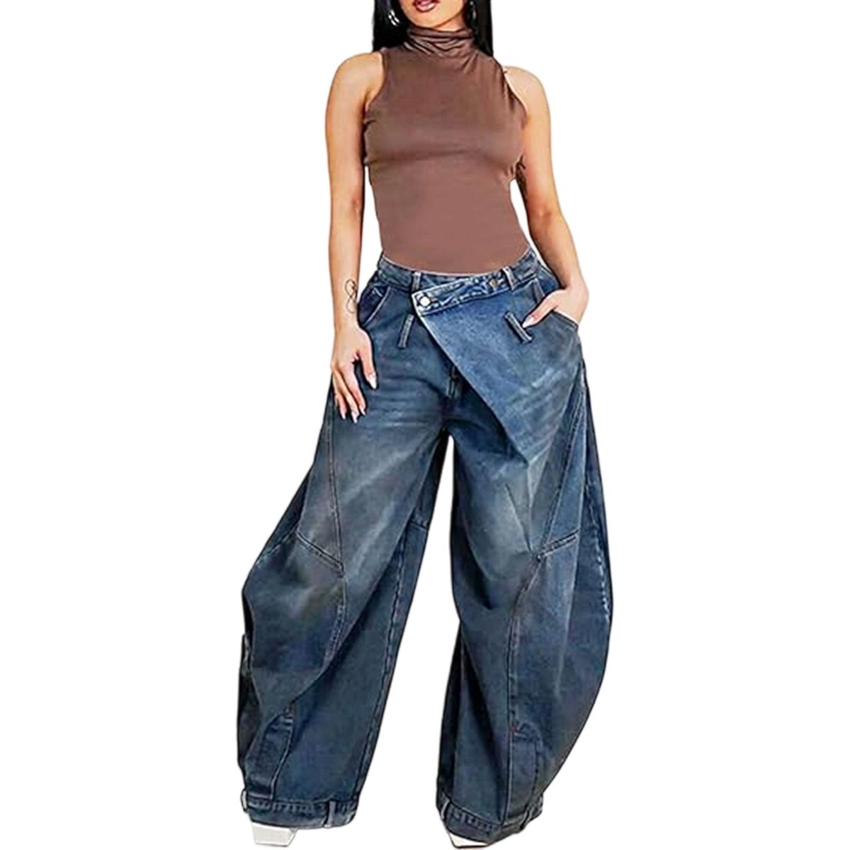 BN367 Wide Leg Jeans for Women Fashion Cross Border E-commerce European American Style Washed Distressed Patch Pocket Hot Selling_ecoleips.com