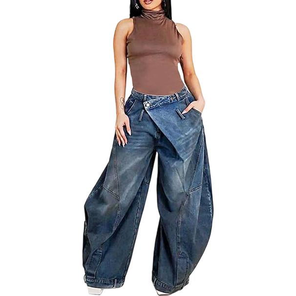 BN367 Wide Leg Jeans for Women Fashion Cross Border E-commerce European American Style Washed Distressed Patch Pocket Hot Selling_ecoleips.com