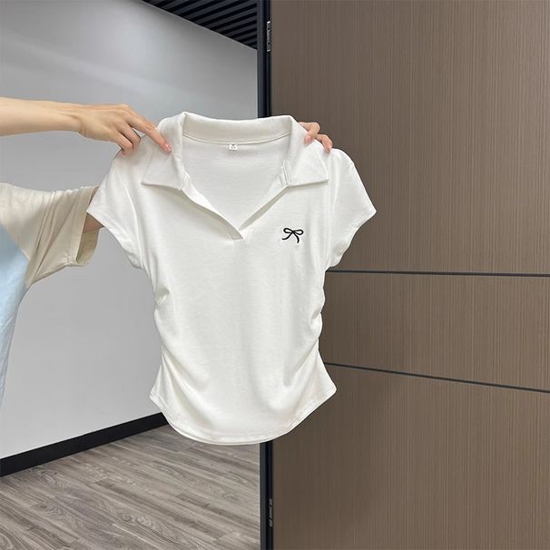 Women's Pure Cotton Polo Collar T-Shirt Plus Size Slimming High End Pleated Short Top Summer Wear Base Layer_ecoleips.com