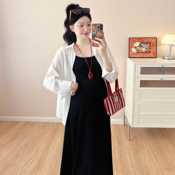 Autumn New Korean Fashion Maternity Dress Two-Piece Set With Strap Blouse_ecoleips.com