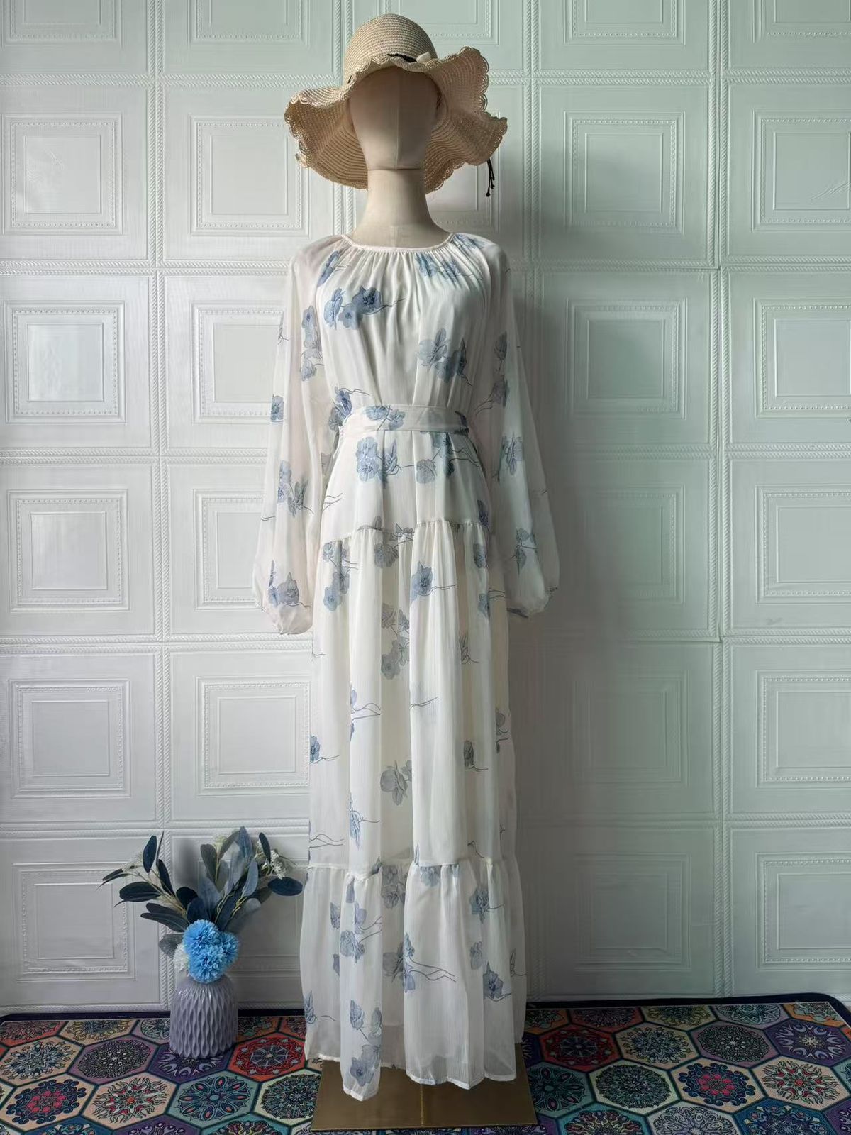 Modest Abaya Dress Elegant Printed Maxi Dress For Women – Flowy Long Sleeve Boho Dress With Feminine Floral Design_ecoleips.com