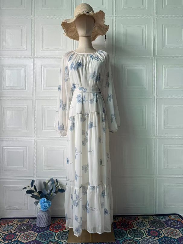 Modest Abaya Dress Elegant Printed Maxi Dress For Women – Flowy Long Sleeve Boho Dress With Feminine Floral Design_ecoleips.com