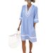 Women's V-Neck Striped Beach Dress Lightweight Summer Casual Sundress A-Line with Short Sleeves Sun Protection for Vacation_ecoleips.com