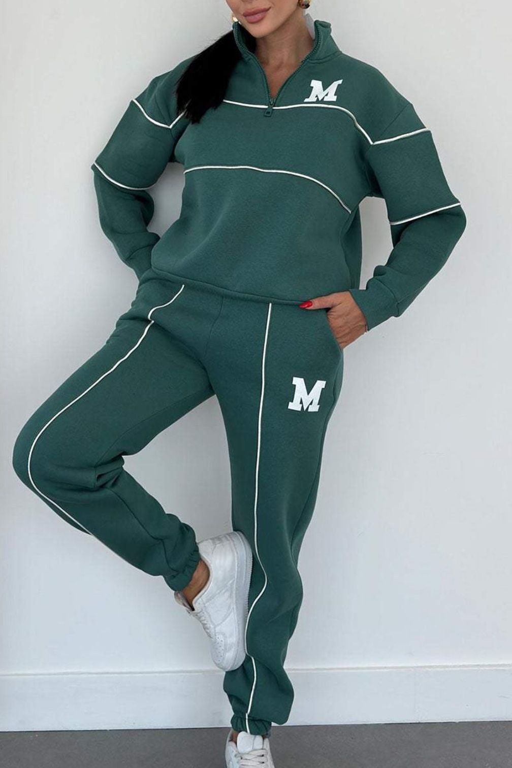 Women's Long Sleeve Sweatshirt And Trousers Two Piece Set Letter Heat Transfer Zipper Leisure Sports Suit European American Style_ecoleips.com