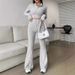Solid Color Ribbed Two-Piece Set Zipper Long Sleeve Cropped Top High Waist Flared Pants Set Wholesale_ecoleips.com