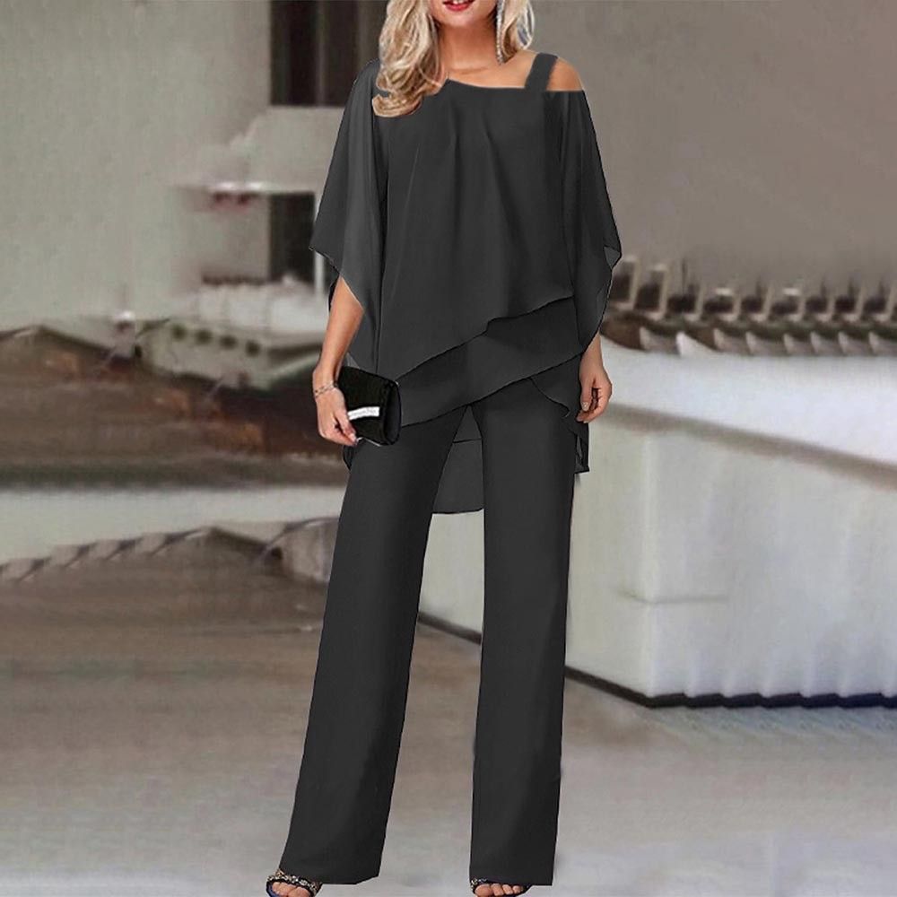 Bat Sleeve Top Pants Women's Casual Off-The-Shoulder Irregular Party Set Elegant Two-Piece Set Spring/Summer Autumn_ecoleips.com