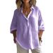 Women's Spring/Summer Casual V Neck Shirt Loose Long Sleeved Linen Top European American Style Solid Color Large Stock Available_ecoleips.com