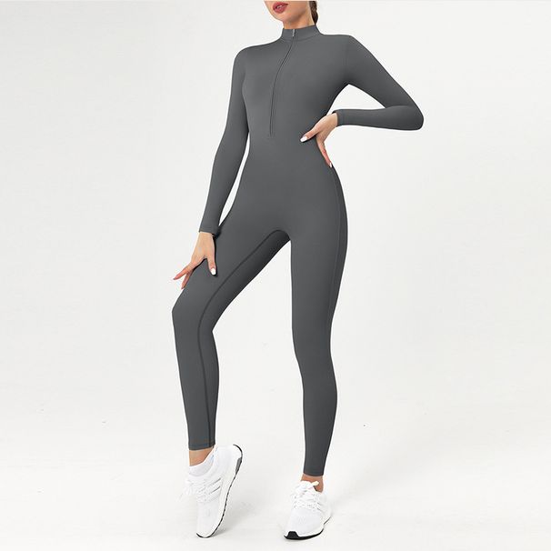 K Zipper Nude Long Sleeved Yoga Jumpsuit, High-strength Long Pants, Fitness Sports Tight Jumpsuit_ecoleips.com