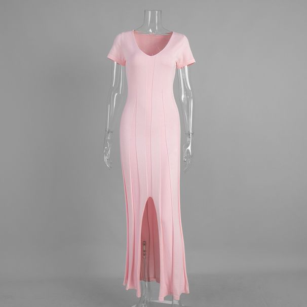 Cross Border Short Sleeved Knitted Dress, European And American Style, 2026 Spring/summer New V Neck Slit Long Dress, Slim Fit._ecoleips.com
