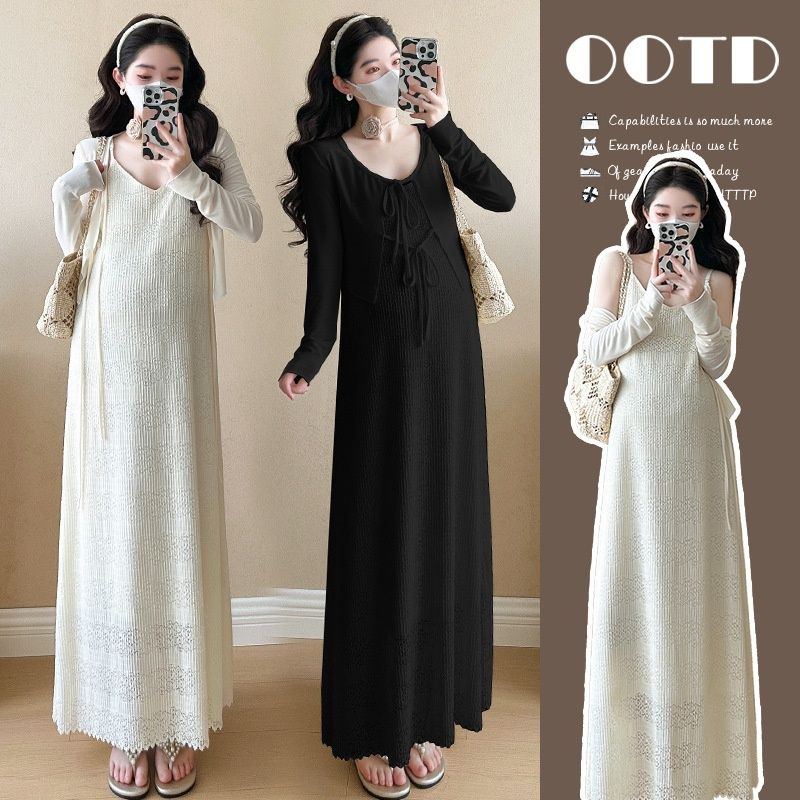Autumn New Korean Fashion Strap Two-Piece Maternity Dress_ecoleips.com
