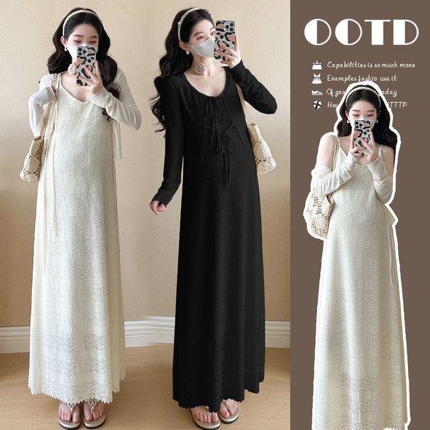 Autumn New Korean Fashion Strap Two-Piece Maternity Dress_ecoleips.com
