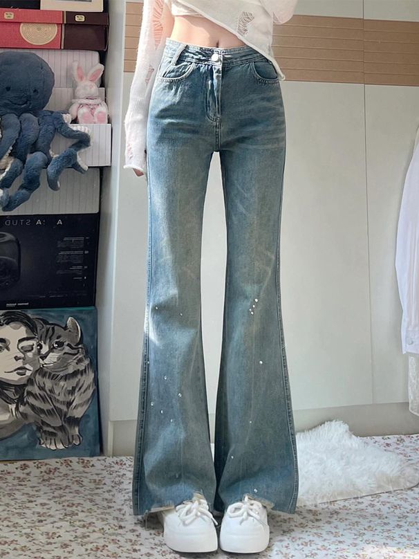 Light Colored Micro Flared Jeans For Women In Autumn, New American Style High Waisted, Loose And Wide Slimming Straight_ecoleips.com