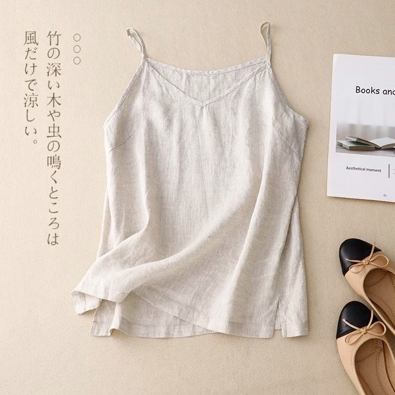 Camisole Women's Loose Lightweight Inner Wear V-neck Cotton Linen Vest Sleeveless Top Summer New Artistic Trend_ecoleips.com