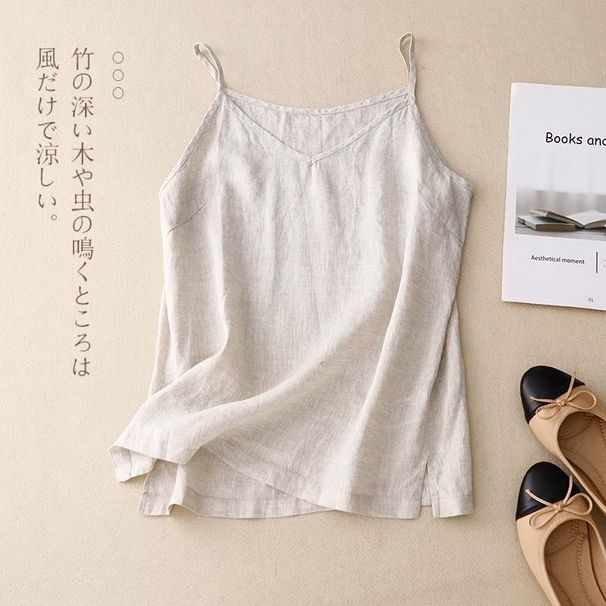 Camisole Women's Loose Lightweight Inner Wear V-neck Cotton Linen Vest Sleeveless Top Summer New Artistic Trend_ecoleips.com