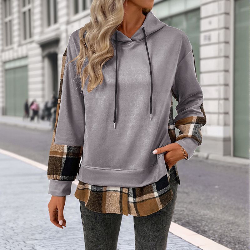 Women's Retro Plaid Hooded Sweatshirt – British Velvet Fake Two-Piece Long Sleeve Top (Coffee Brown/Dark Gray/Apricot, Sizes S-XL)_ecoleips.com
