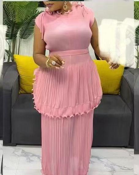 Women's Clothing New Solid Color Dense Edge Stitching Sleeveless Lace Up Large Size Women's Dress_ecoleips.com