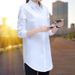 Women's Clothing Medium Length Long Sleeved Korean Version Loose Versatile Student Base Bf Shirt Large Size Navy Blue Wine Red_ecoleips.com