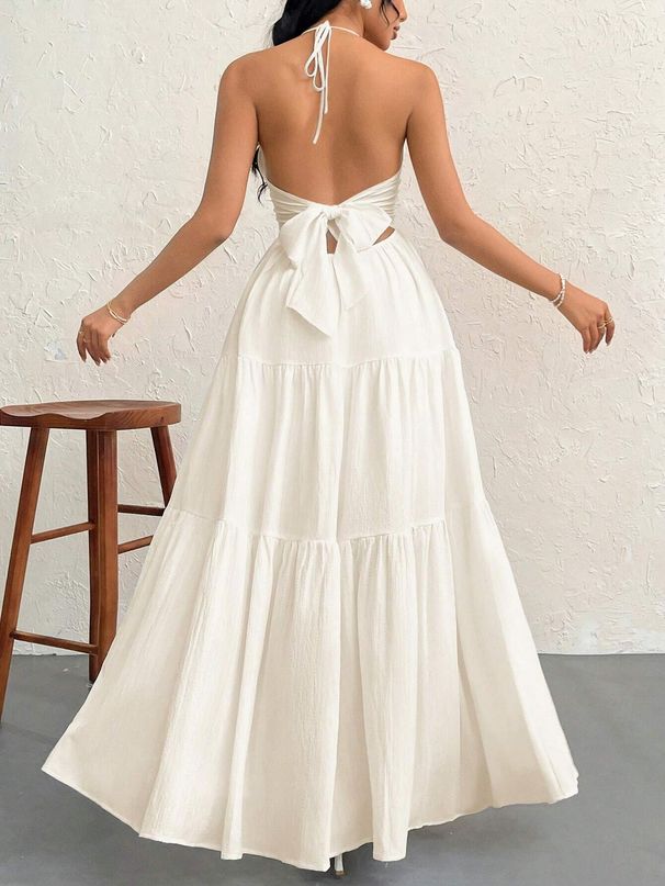 Off-Shoulder V-Neck Pleated Backless A-Line Summer Dress (Hawaii Beach / Tea Party / White Graduation Outfit)_ecoleips.com
