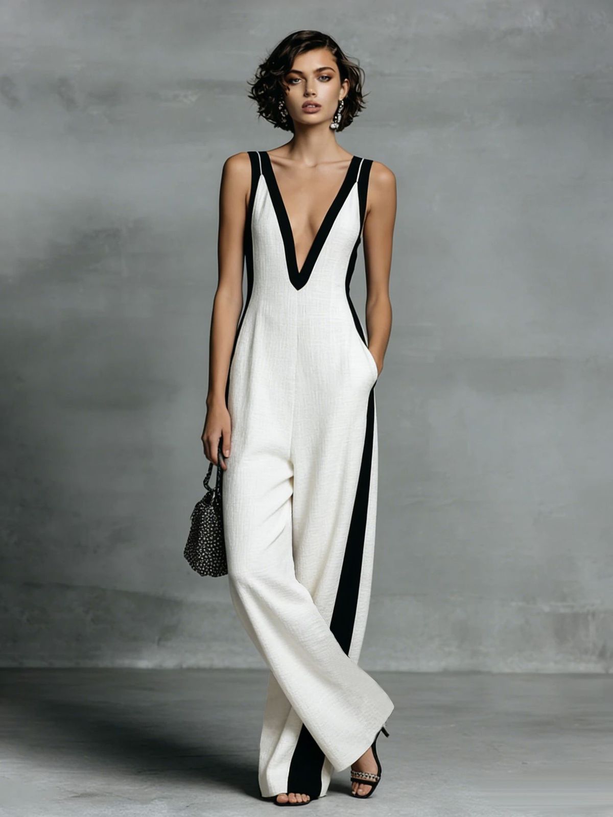 Women's Sleeveless V Neck Jumpsuit Color Block Wide Leg Summer Fashion Independent Website European American Style 2026 New Arrival_ecoleips.com