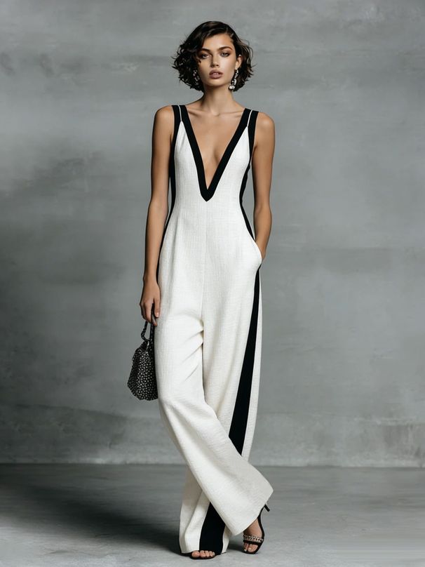 Women's Sleeveless V Neck Jumpsuit Color Block Wide Leg Summer Fashion Independent Website European American Style 2026 New Arrival_ecoleips.com