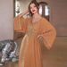Women's Clothing Khaki Hand Stitched Diamond Middle East Southeast Asia Travel Sleeve Dress_ecoleips.com