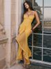 Mozision Ruffled Draped Ruched Sexy Maxi Dress For Women Yellow Spaghetti Strap Sleeveless Backless Club Party Sexy Long Dress_ecoleips.com