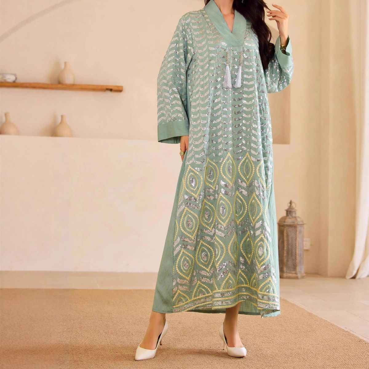 Women's Clothing Modest Abaya Dress Elegant V-Neck Embroidered Abaya Dress In Light Green – Modest Long Sleeve Muslim Gown (Middle Eastern Style)_ecoleips.com