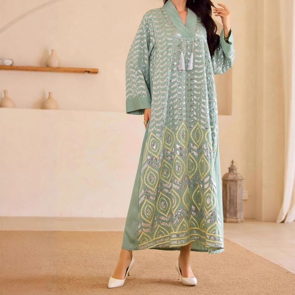 Women's Clothing Modest Abaya Dress Elegant V-Neck Embroidered Abaya Dress In Light Green – Modest Long Sleeve Muslim Gown (Middle Eastern Style)_ecoleips.com