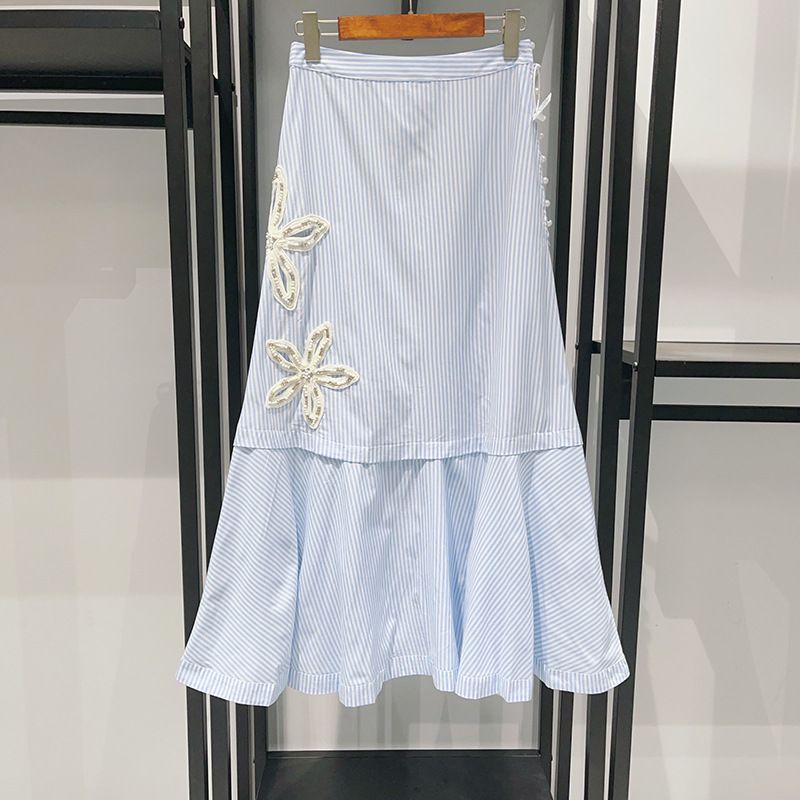 Women's Clothing Summer Blue And White Striped Five Leaf Flower Diamond Decoration Hollow POLO Collar Long Skirt Shirt Skirt 25291_ecoleips.com