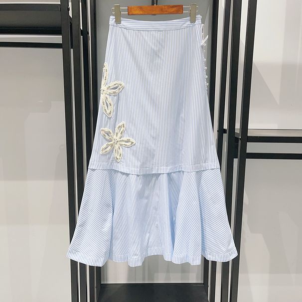 Women's Clothing Summer Blue And White Striped Five Leaf Flower Diamond Decoration Hollow POLO Collar Long Skirt Shirt Skirt 25291_ecoleips.com
