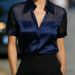 Elegant V-Neck Satin Sheer Striped Short Sleeve Shirt For Office & Casual Wear - Breathable & Stylish_ecoleips.com