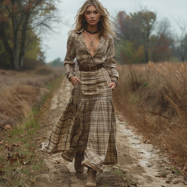 Autumn And Winter Women's V-Neck Plaid Long Sleeve Long Skirt Country Pastoral Vintage Dress_ecoleips.com